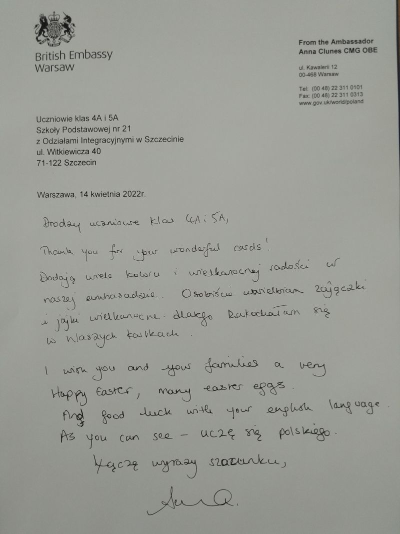 List z Ambasady Brytyjskiej w Warszawie do uczniów Naszej szkoły